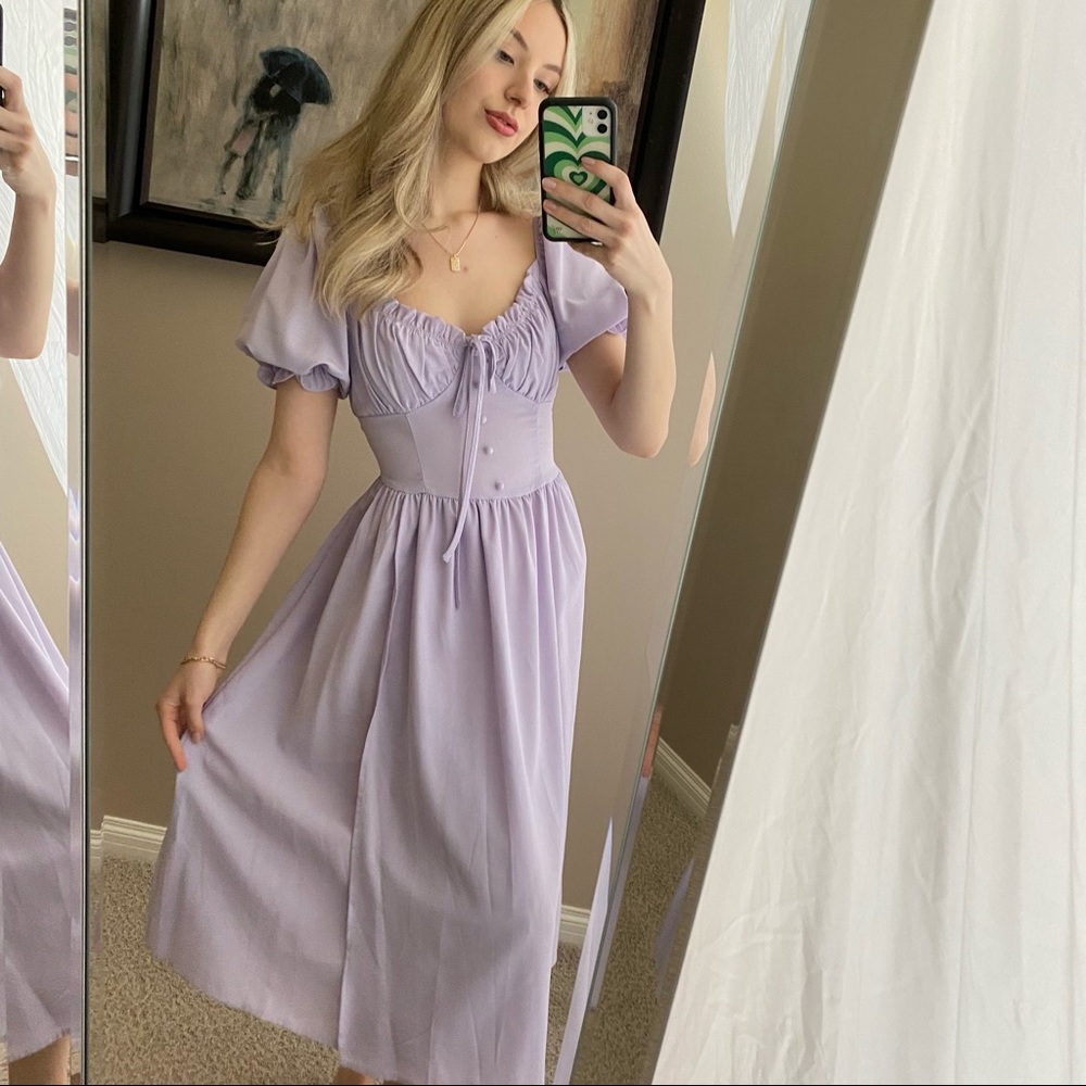 Lavender Puff Sleeve Midi Dress - Elegant Summer Style